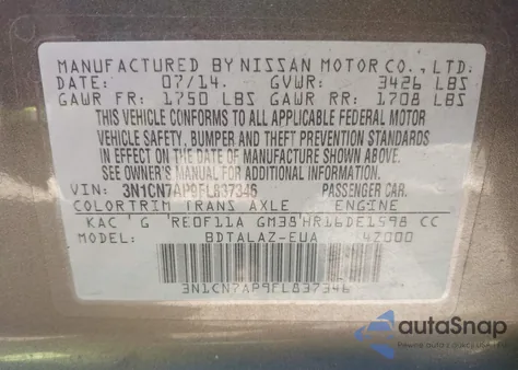 2015 Nissan Versa 1.6 S+ z USA, uszkodzony, nr VIN 3N1CN7AP9FL837346